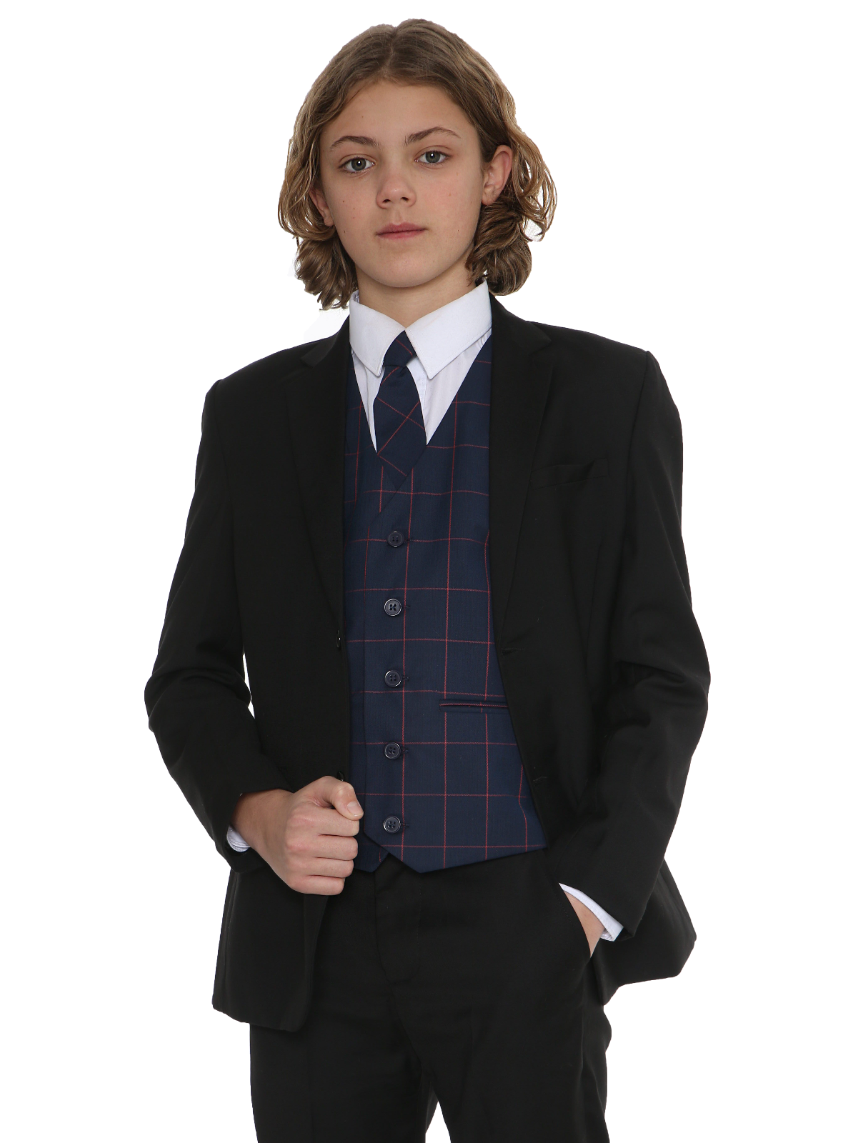 Boys 5 Piece Black Suit with Navy Check – Suits n Dresses