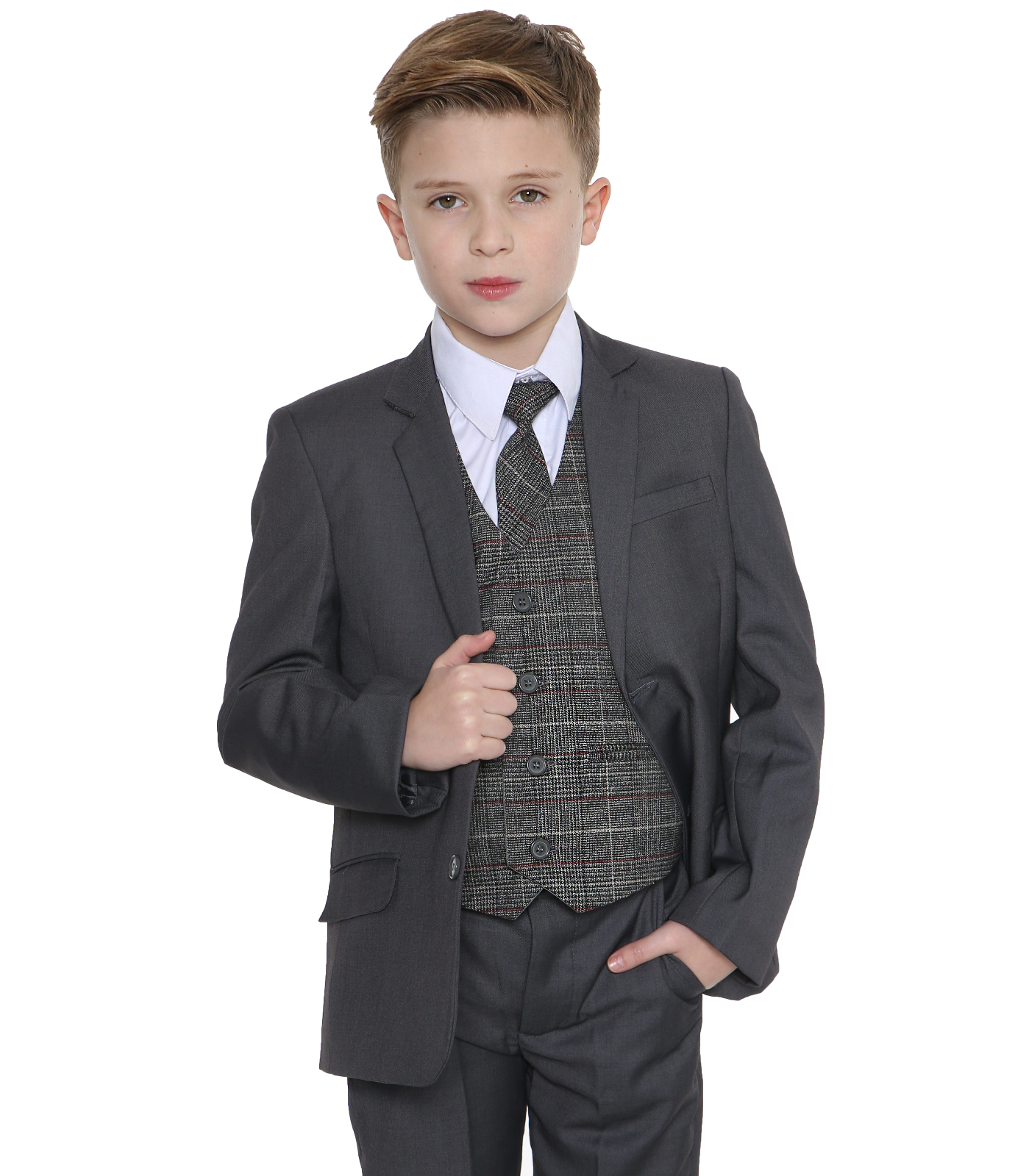 Boys 5 Piece Grey Suit with Red Check – Suits n Dresses