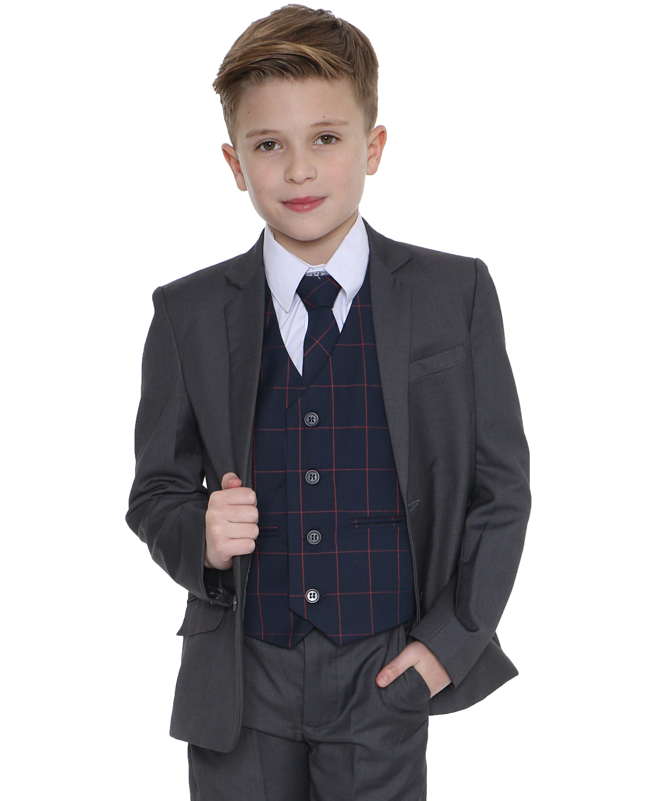 Boys 5 Piece Grey Suit with Navy Check – Suits n Dresses